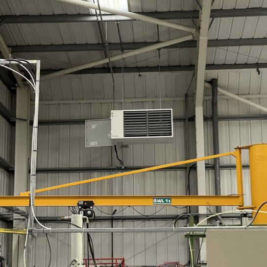 Warm air heating unit installed in Bonfiglioli warehouse space